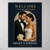 Luxury Navy Blue Gold Photo Wedding Welcome Sign  ポスター (正面)