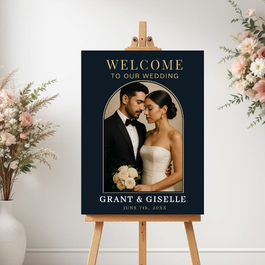 Luxury Navy Blue Gold Photo Wedding Welcome Sign  ポスター