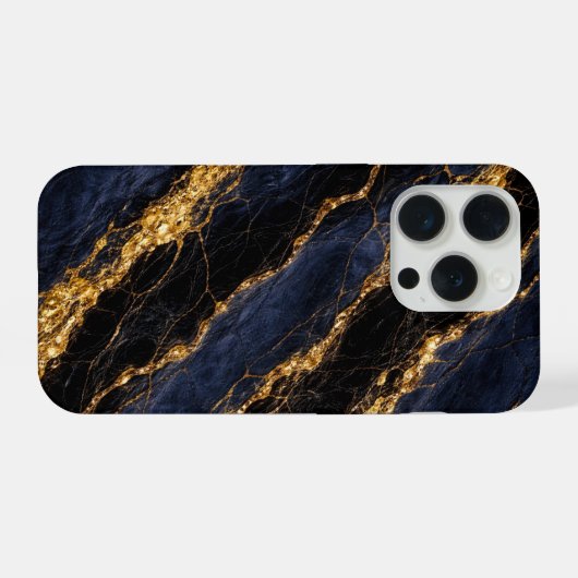 Luxury Navy Blue Marble Gold/Black Vein Phone Case iPhoneケース (裏面横)