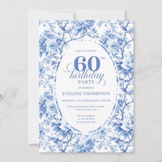 Luxury Navy Blue Roses Toile 60th Birthday Invite 招待状 (正面)