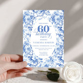 Luxury Navy Blue Roses Toile 60th Birthday Invite 招待状