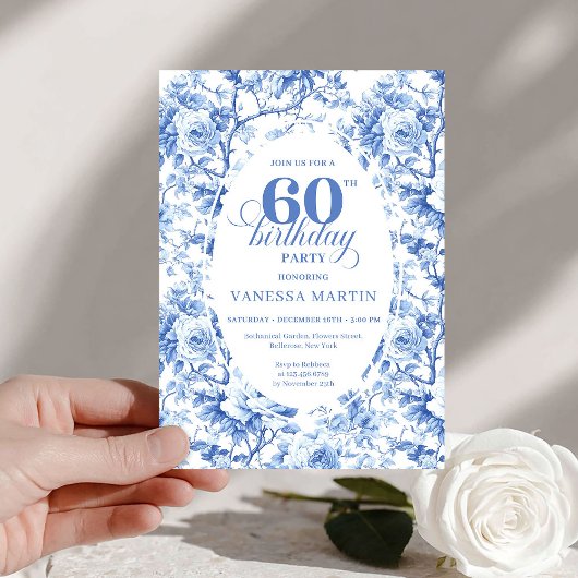 Luxury Navy Blue Roses Toile 60th Birthday Invite 招待状