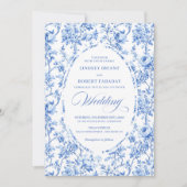 Luxury Navy Blue Toile Rose Floral Wedding Invite 招待状 (正面)