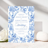 Luxury Navy Blue Toile Rose Floral Wedding Invite 招待状