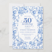 Luxury Navy Blue Toile Roses 50th Birthday Invite 招待状 (正面)