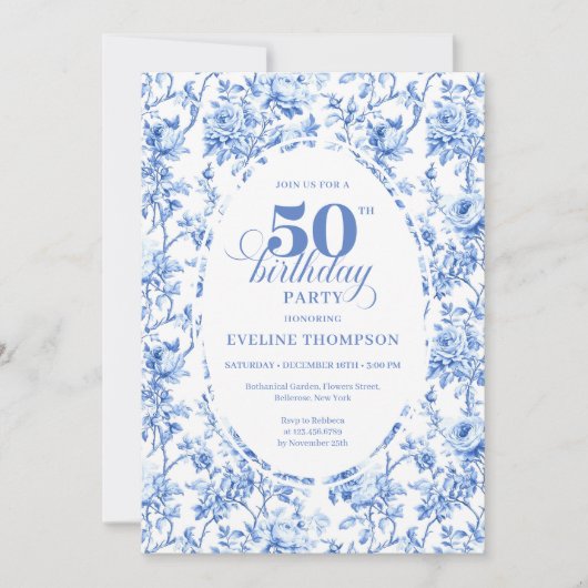 Luxury Navy Blue Toile Roses 50th Birthday Invite 招待状 (正面)