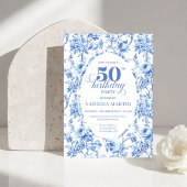Luxury Navy Blue Toile Roses 50th Birthday Invite 招待状