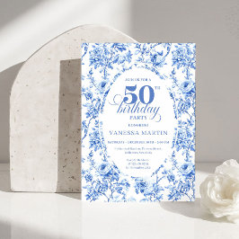Luxury Navy Blue Toile Roses 50th Birthday Invite 招待状