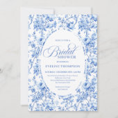 Luxury Navy Blue Toile Roses Bridal Shower Invites 招待状 (正面)
