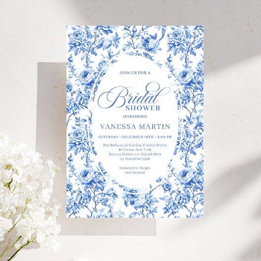Luxury Navy Blue Toile Roses Bridal Shower Invites 招待状