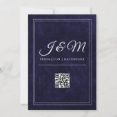 Luxury Navy Blue Velvet White Monogram QR code 招待状 (裏面)