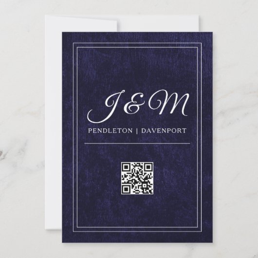 Luxury Navy Blue Velvet White Monogram QR code 招待状 (裏面)