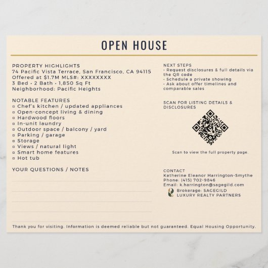 Luxury Navy/Cream Open House Both Sides Sign-In チラシ (裏面)