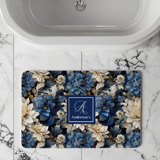 Luxury Navy Flowers Custom Name Floral Bath Mat バスマット