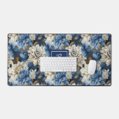Luxury Navy Flowers Custom Name Floral Desk Mat デスクマット (キーボード&マウス)