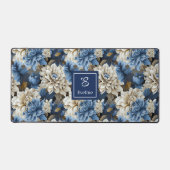 Luxury Navy Flowers Custom Name Floral Desk Mat デスクマット (正面)