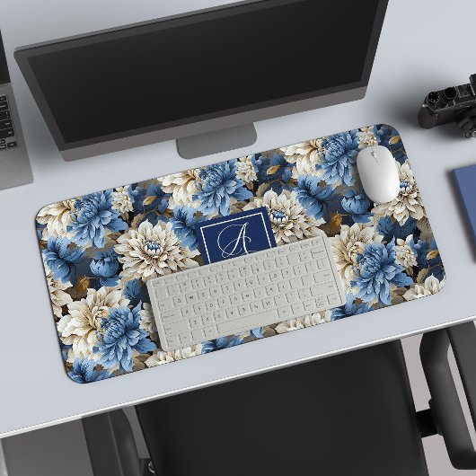 Luxury Navy Flowers Custom Name Floral Desk Mat デスクマット