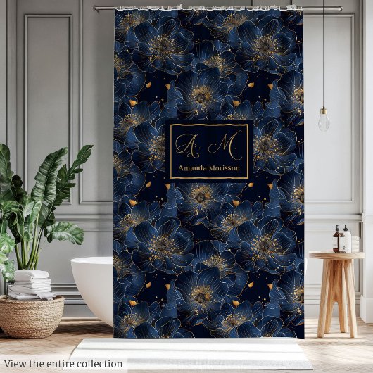 Luxury Navy Gold Floral Pattern Curtain Bathroom シャワーカーテン