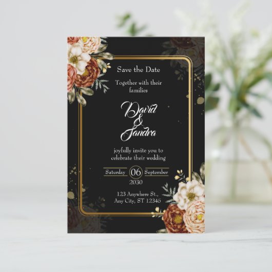 Luxury Navy & Gold Floral Wedding Invitation 出欠カード (スタンド正面)