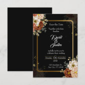 Luxury Navy & Gold Floral Wedding Invitation 出欠カード (正面/裏面)