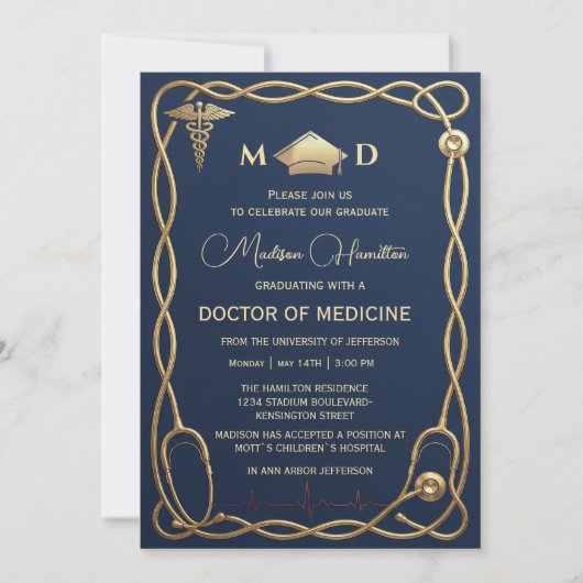 Luxury Navy & Gold Medical Graduation Invitation 招待状 (正面)
