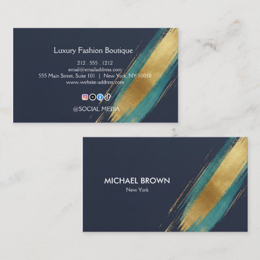 Luxury Navy Gold Teal Watercolor Business Card 名刺 (正面/裏面)