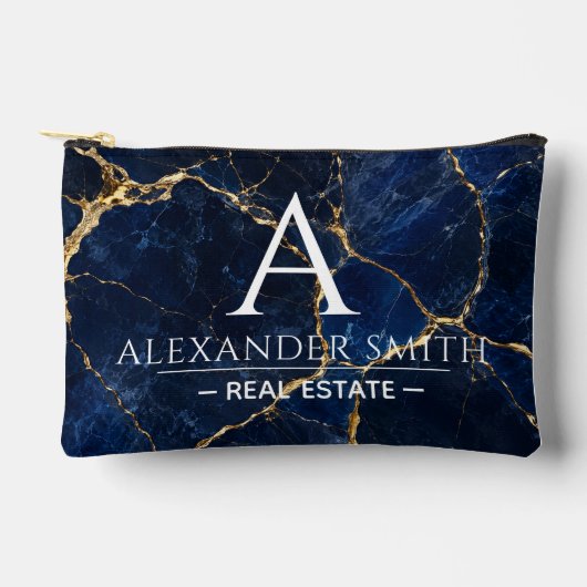 Luxury Navy Marble Gold Monogram Business Branding アクセサリーポーチ (正面)