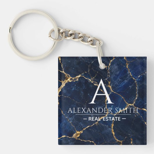 Luxury Navy Marble Gold Monogram Business Branding キーホルダー (正面)