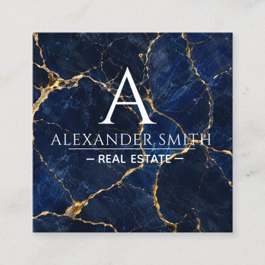 Luxury Navy Marble Gold Monogram Business Branding スクエア名刺 (正面)
