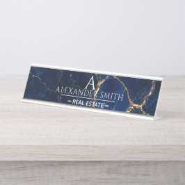 Luxury Navy Marble Gold Monogram Business Branding デスクネームプレート
