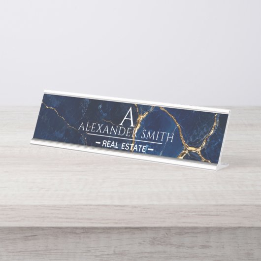 Luxury Navy Marble Gold Monogram Business Branding デスクネームプレート (正面)