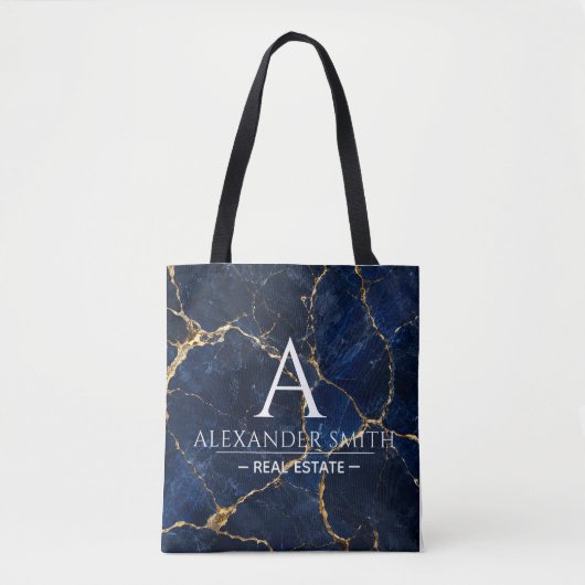 Luxury Navy Marble Gold Monogram Business Branding トートバッグ (正面)
