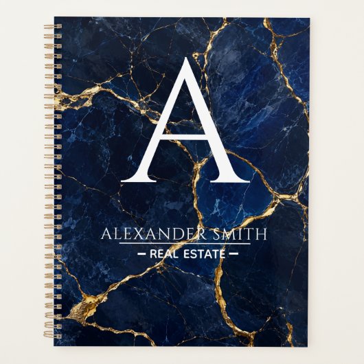 Luxury Navy Marble Gold Monogram Business Branding プランナー手帳 (正面)