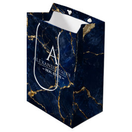Luxury Navy Marble Gold Monogram Business Branding ミディアムペーパーバッグ
