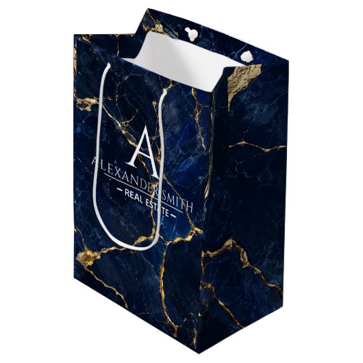 Luxury Navy Marble Gold Monogram Business Branding ミディアムペーパーバッグ (正面アングル)