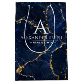 Luxury Navy Marble Gold Monogram Business Branding ミディアムペーパーバッグ (正面)