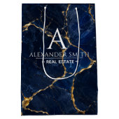 Luxury Navy Marble Gold Monogram Business Branding ミディアムペーパーバッグ (裏面)