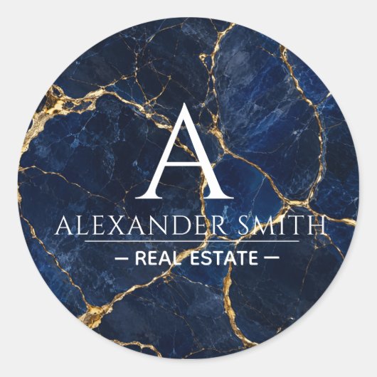 Luxury Navy Marble Gold Monogram Business Branding ラウンドシール (正面)