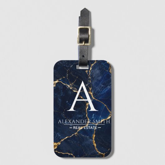 Luxury Navy Marble Gold Monogram Business Branding ラゲッジタグ (正面縦)