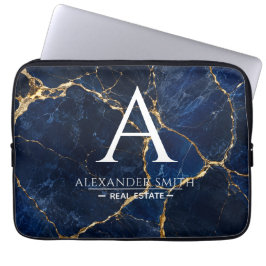 Luxury Navy Marble Gold Monogram Business Branding ラップトップスリーブ