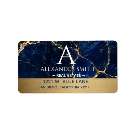 Luxury Navy Marble Gold Monogram Business Branding ラベル (正面)