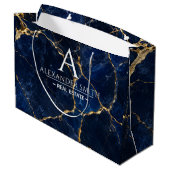 Luxury Navy Marble Gold Monogram Business Branding ラージペーパーバッグ (裏面アングル)