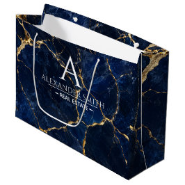 Luxury Navy Marble Gold Monogram Business Branding ラージペーパーバッグ