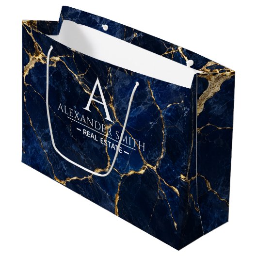 Luxury Navy Marble Gold Monogram Business Branding ラージペーパーバッグ (正面アングル)