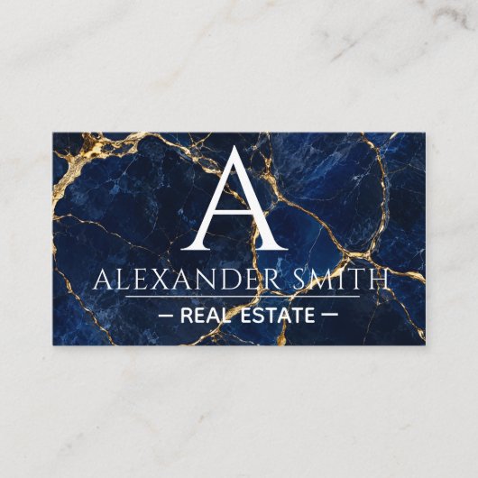 Luxury Navy Marble Gold Monogram Business Branding 名刺 (正面)