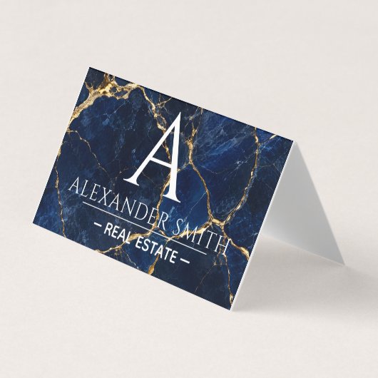 Luxury Navy Marble Gold Monogram Business Branding 名刺 (正面)