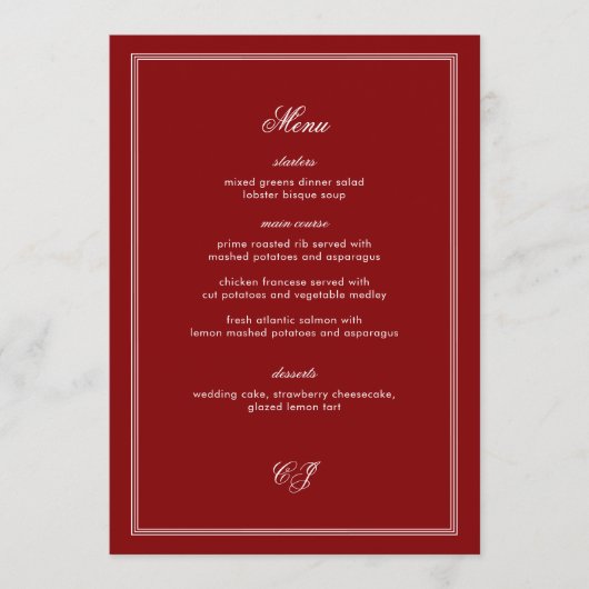 Luxury Old Money Maroon Wedding Menu メニュー (正面)