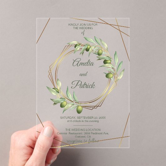 Luxury Olive Branch Geometric Gold Wedding アクリル招待状 (インサイチュ (ポータブル))