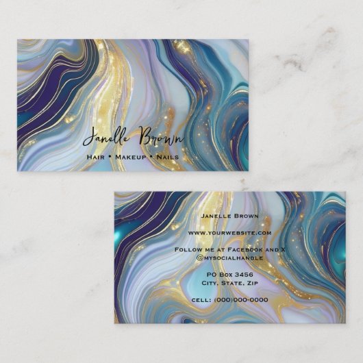 Luxury Opalescent & Gold Glitter Marbled 名刺 (正面/裏面)