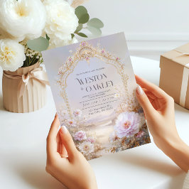 Luxury Ornate Gold Arch Pink Peony Floral Wedding 招待状